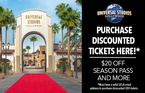 Universal Studios entrance gate with text "Purchase Discounted Tickets Here! $20 off season pass and more. 