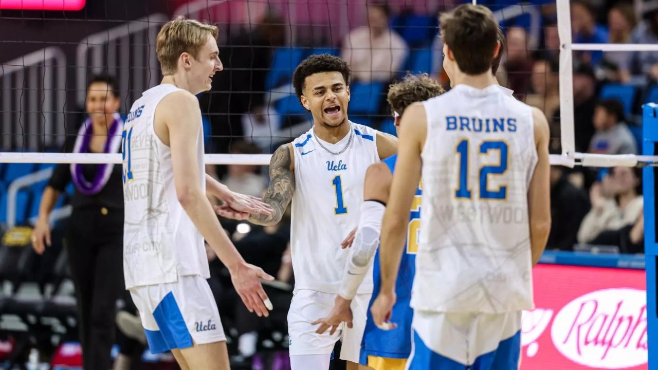 Four men's volleyball players celebrating on the court